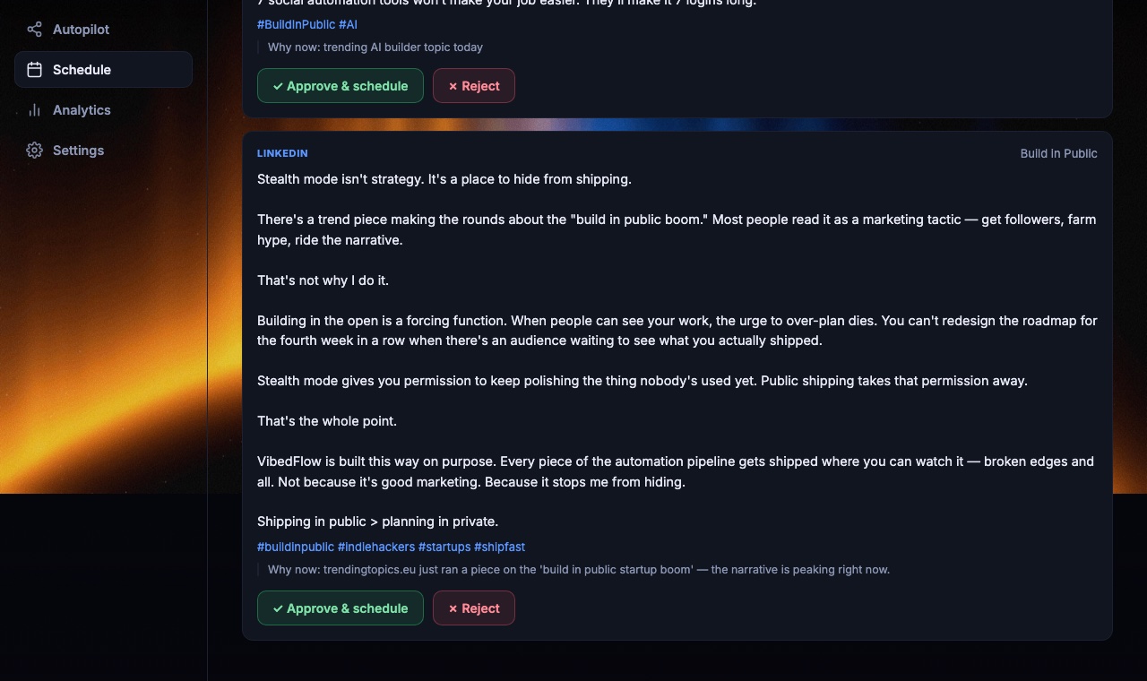 VibedFlow queue and calendar connection preview
